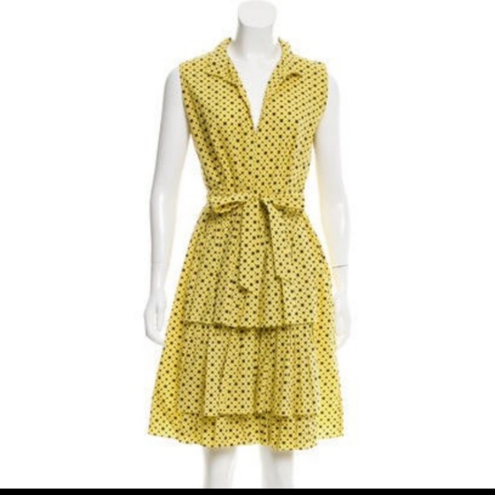 ●MARNI 100% COTTON POLKA-DOT PLEATED SLEEVELESS DRESS YELLOW BLACK SIZE SMALL